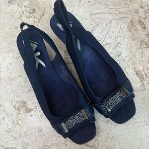 Anne Klein Harmonia Low Wedge Slingback Navy Blue Sandal Size 10 M